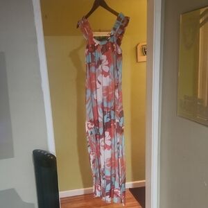 Floral Maxi Dress in Coral and Blue